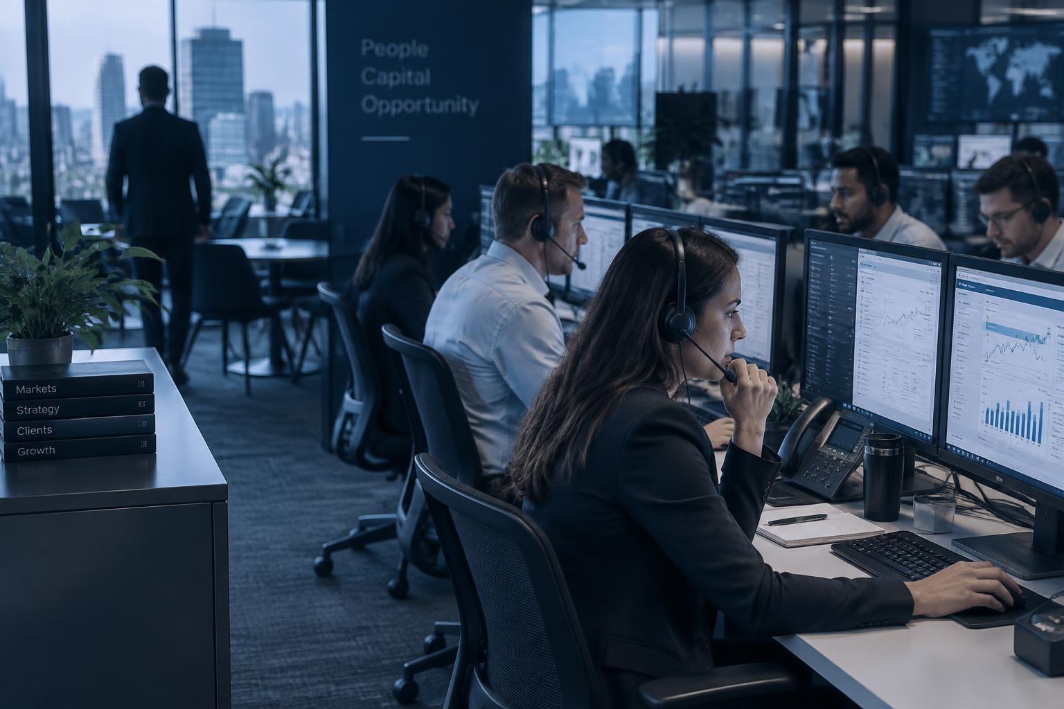 Business funding representatives working at a broker sales floor