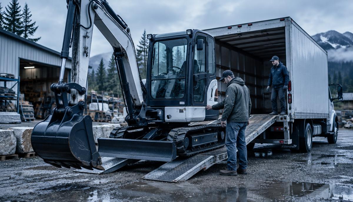 Commercial excavator being delivered to a business yard