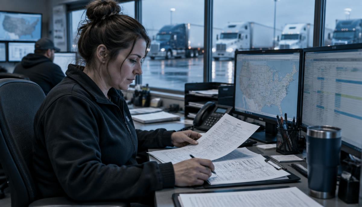 Trucking dispatcher reviewing freight paperwork