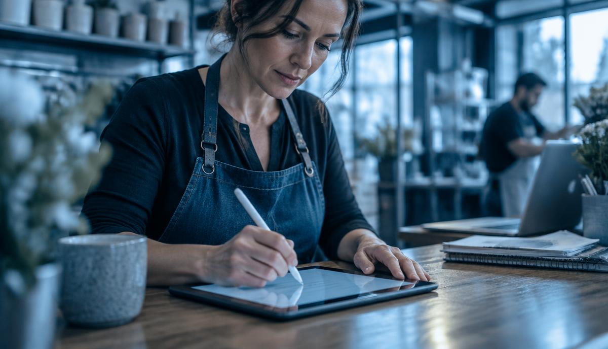 Business owner signing a renewal on a tablet