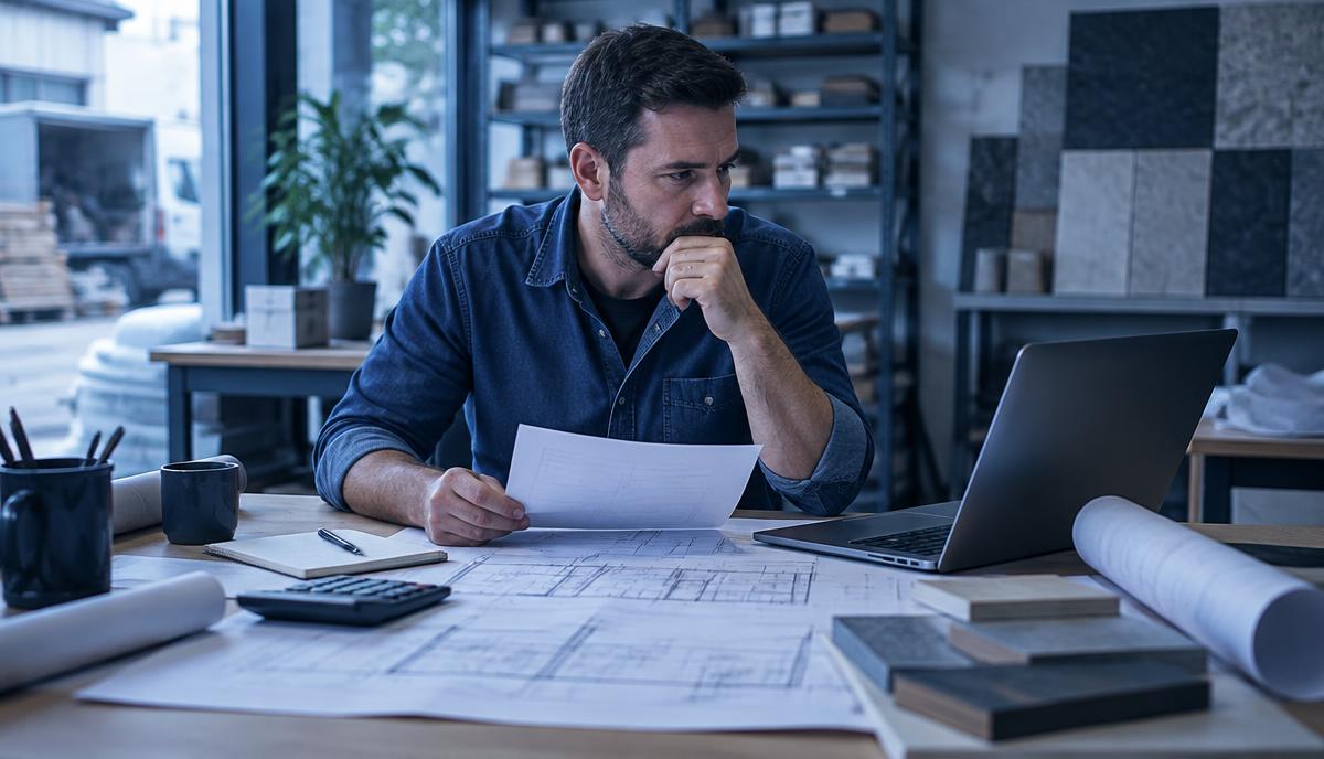 Business owner reviewing expansion plans at his desk