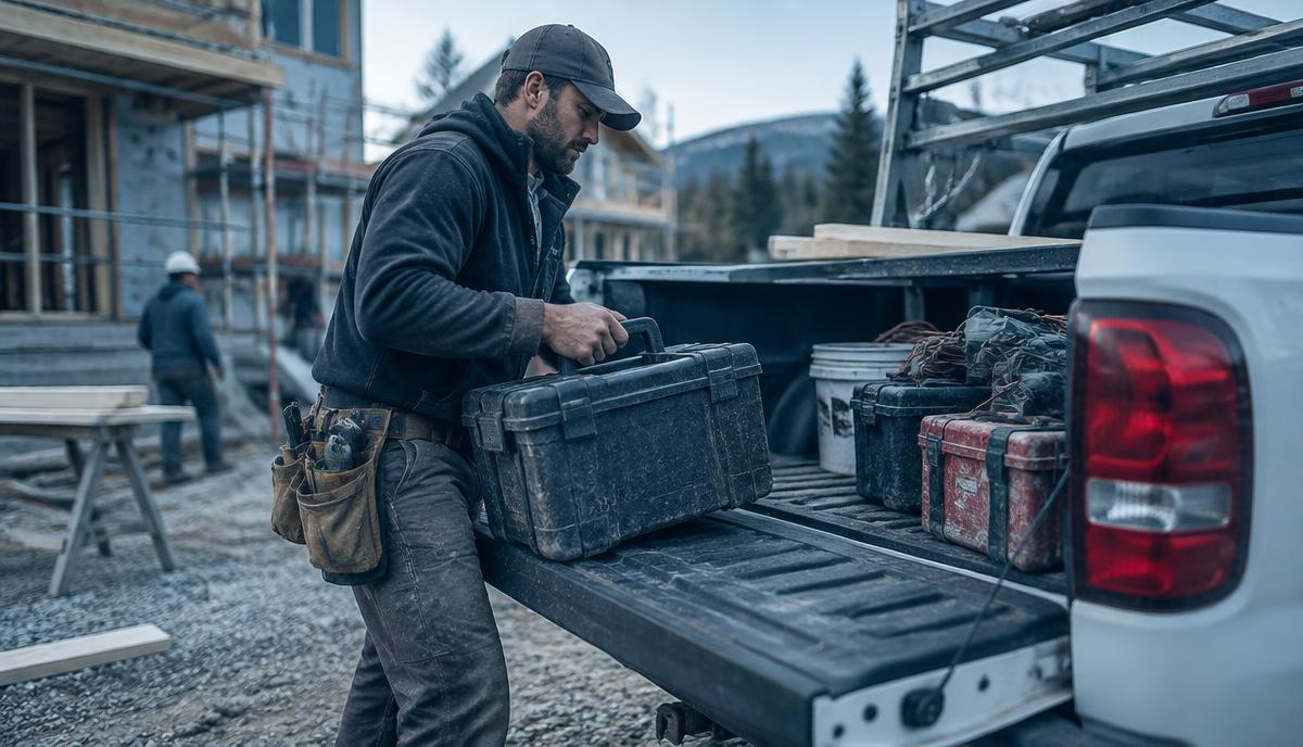 Construction business owner loading tools into a work truck
